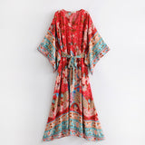 Boho Robe, Kimono Robe, Beach Cover up, Wild Flower Kelly Red