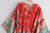 Boho Robe, Kimono Robe, Beach Cover up, Wild Flower Kelly Red