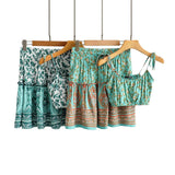 Boho 2 Piece Set, Matching Crop Top and Mini Skirt, Wild Floral in Mint Green - Wild Rose Boho