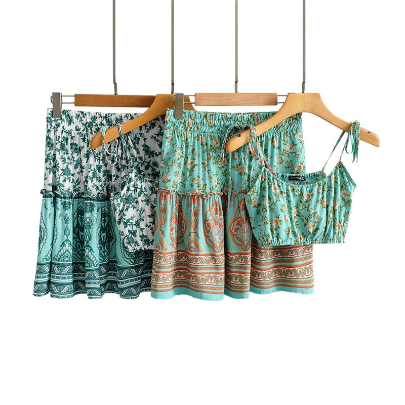 Boho 2 Piece Set, Matching Crop Top and Mini Skirt, Wild Floral in Mint Green - Wild Rose Boho