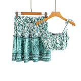 Boho 2 Piece Set, Matching Crop Top and Mini Skirt, Wild Floral in Green - Wild Rose Boho