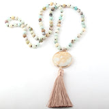 Boho Necklace, RH Amazonite Jasper, Circle Tassel Green White Natural Stone - Wild Rose Boho