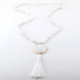 Boho Necklace, RH Amazonite Jasper, Circle Tassel Green White Natural Stone - Wild Rose Boho