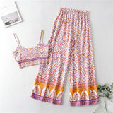 Boho 2 Piece Set, Matching Crop Top and Pant, Pink Little Flower - Wild Rose Boho
