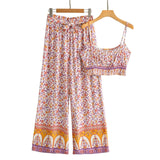 Boho 2 Piece Set, Matching Crop Top and Pant, Pink Little Flower - Wild Rose Boho