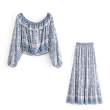 Boho 2 Piece Set, Matching Crop Top and Skirt, Wild Flower Blue Sky - Wild Rose Boho