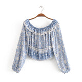 Boho 2 Piece Set, Matching Crop Top and Skirt, Wild Flower Blue Sky - Wild Rose Boho