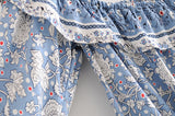 Boho 2 Piece Set, Matching Crop Top and Skirt, Wild Flower Blue Sky - Wild Rose Boho