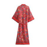 Boho Robe, Kimono Robe, Beach Cover up, Red Peony Bird