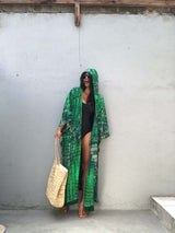Boho Robe, Beach Robe, Black, Hoodie Robe Green Pink Tie Dry - Wild Rose Boho