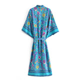 Boho Robe, Kimono Robe, Beach Cover up, Blue Sea Peony Bird