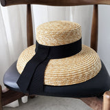 Boho Hat, Beach Hat, Straw Sun Hat, Vinatge Lady Black Ribbon - Wild Rose Boho