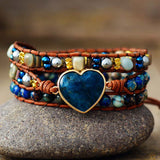 Boho Bracelet, 3 Layers Leather Wrap Bracelet, Jasper Apatite Heart
