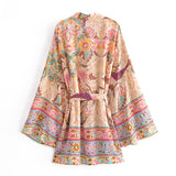 Boho Robe, Short Kimono Robe, Sweet Vintage Pink Flower - Wild Rose Boho