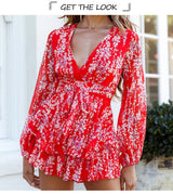 Boho Jumpsuit,Vintage Romper, Playsuit, Flower Child in Blue, Red and White - Wild Rose Boho