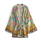 Boho Robe, Short Kimono Robe, Irma Peacock in Gold Green - Wild Rose Boho