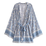 Boho Robe, Short Kimono Robe, Esme Wild Flower Blue Sky - Wild Rose Boho