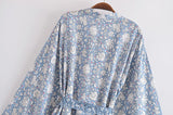 Boho Robe, Short Kimono Robe, Esme Wild Flower Blue Sky - Wild Rose Boho
