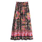 Boho Skirt, Maxi Skirt, Eulalie Balck Pink Flower - Wild Rose Boho