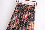 Boho Skirt, Maxi Skirt, Eulalie Balck Pink Flower - Wild Rose Boho