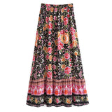 Boho Skirt, Maxi Skirt, Eulalie Balck Pink Flower - Wild Rose Boho