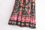 Boho Skirt, Maxi Skirt, Eulalie Balck Pink Flower - Wild Rose Boho