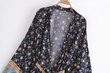 Boho Short Kimono Robe, Her Flaming in Navy