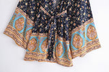 Boho Short Kimono Robe, Her Flaming in Navy