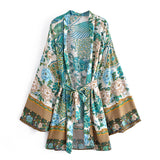 Kimono Robe – “Flamingo in Green” Boho Short Cover-Up for Beach & Lounge