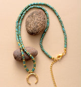 Boho Necklace, Seed Beads Gold Horn Evil Eye Heart Pendant