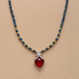 Boho Necklace, Seed Beads Gold Horn Evil Eye Heart Pendant