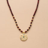 Boho Necklace, Seed Beads Gold Horn Evil Eye Heart Pendant