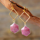Boho Earrings, Dangle Earrings, Rhodonite Hexagon