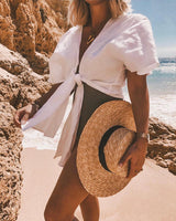 Boho Hat, Sun Hat, Beach Hat, Straw Hat, Gianna White and Black Ribbon