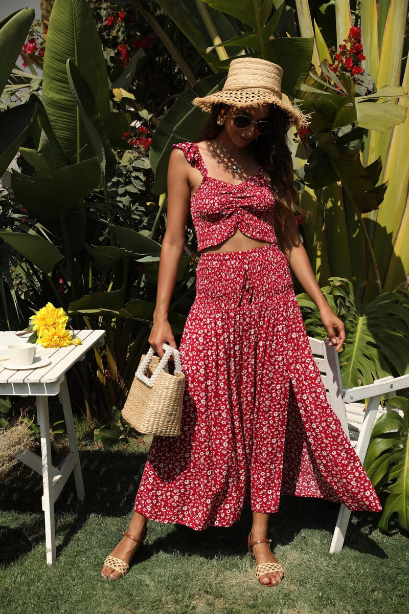 Boho Two Piece Set, Crop Top and Skirt, Wild Floral Daisy Red