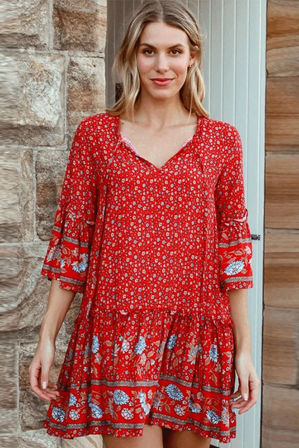 Boho Mini Dress – “Crimson Meadow” Red Floral  Tunic Dres in Red & Black