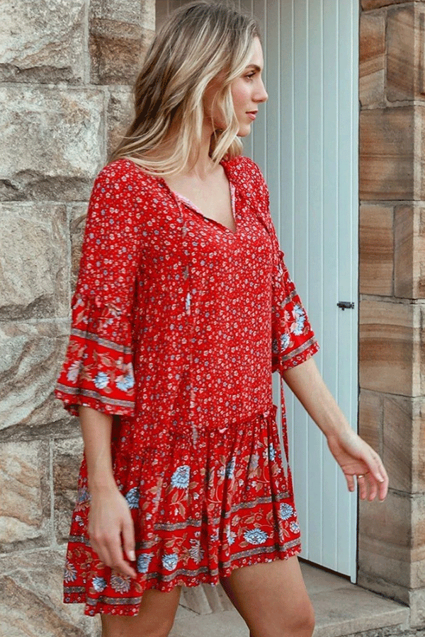 Boho Mini Dress – “Crimson Meadow” Red Floral  Tunic Dres in Red & Black
