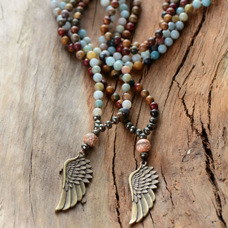 Boho Necklace, Blue and Brown Pyrite Angel Wing