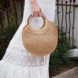 Boho Bag, Woven Straw Rope Bag, Rattan Bag, Yellow Moon Tassel in Brown and Ivory