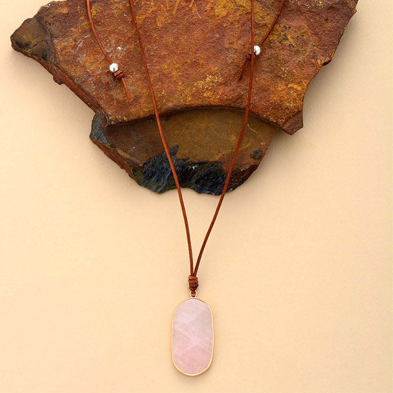 Boho Necklace, Natural Stone Pendant, Pink Rose Quartzs