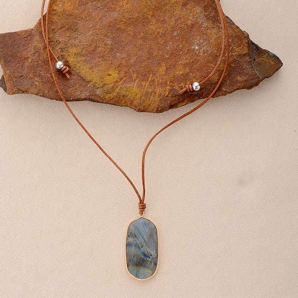 Boho Necklace, Labradorite, Green Natural Stone, Pendant