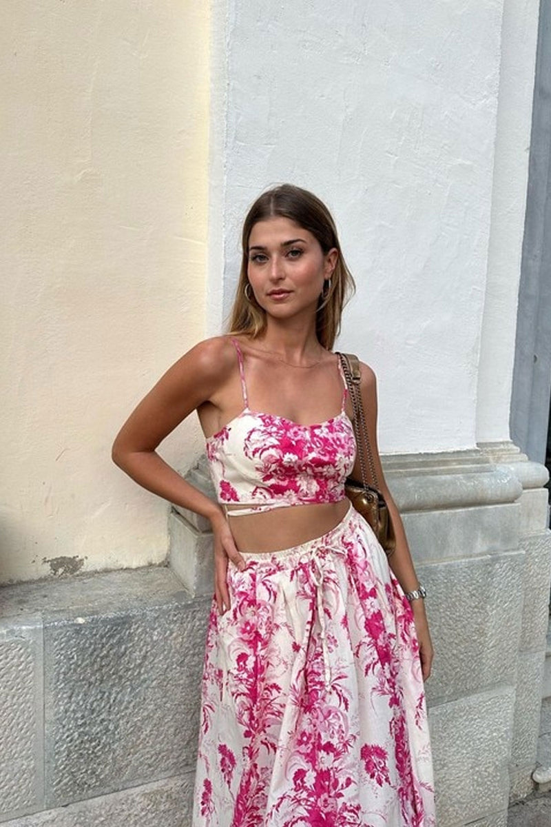 Boho Two Piece Set - Crop Top and Skirt for Summer Vacation Beach Vibes Pink Garden
