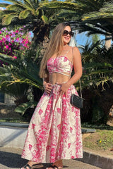 Boho Two Piece Set - Crop Top and Skirt for Summer Vacation Beach Vibes Pink Garden