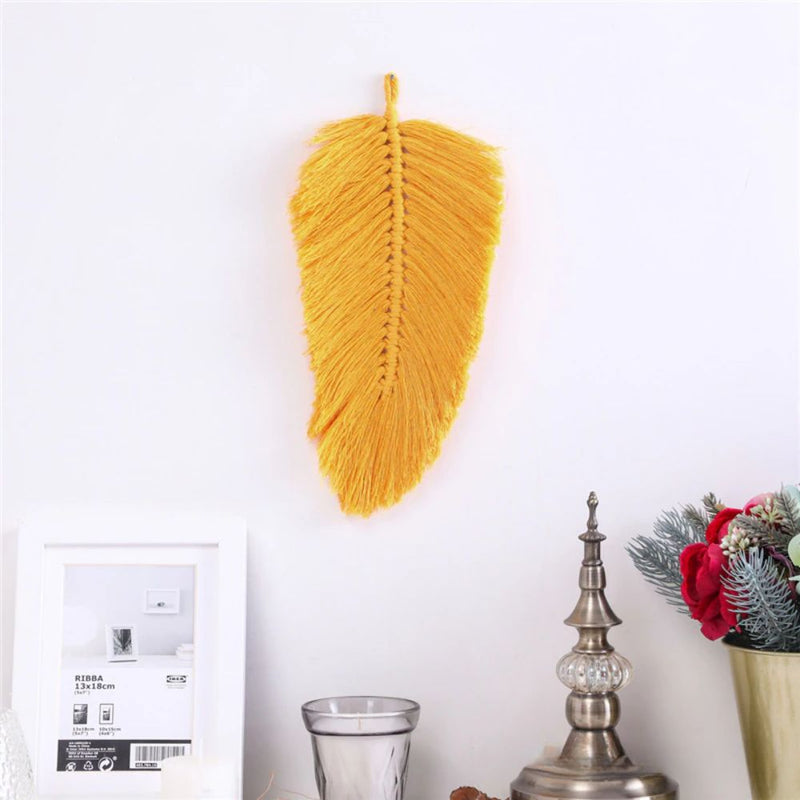 Boho Macrame Feather Wall Hanging - Handcrafted Big Leaf - Bohemian Home Decor