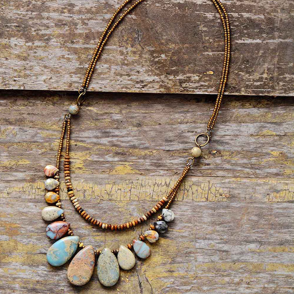 Boho Necklace, Brown Agate, Jasper and Seeds