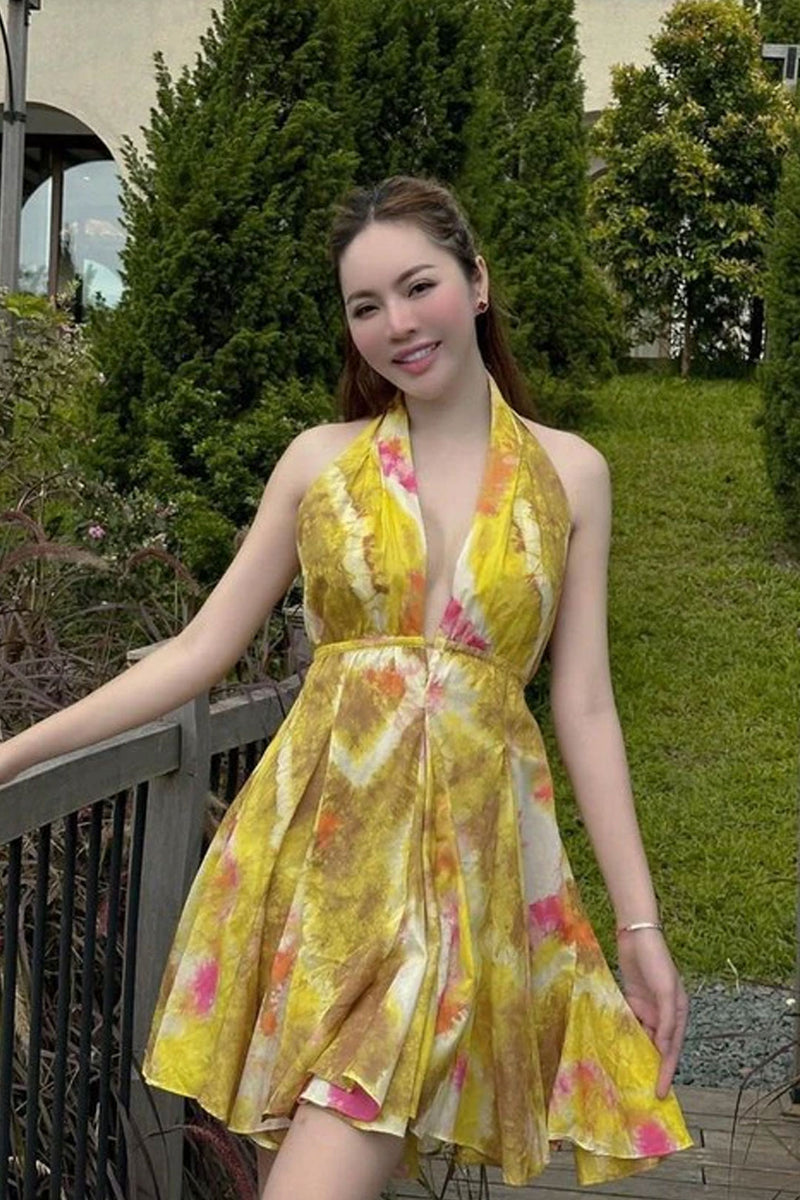 Boho Beach Dress - Mini Sexy Tie Dye Backless Halter Dress - Inner