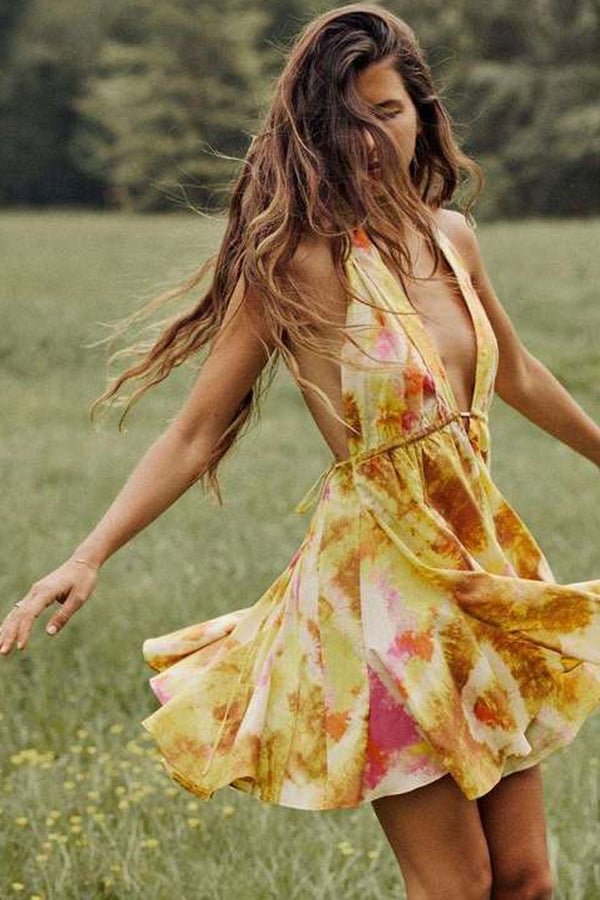 Boho Beach Dress - Mini Sexy Tie Dye Backless Halter Dress - Inner Wanderer