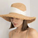 Boho Hat, Sun Beach Hat, Raffia  Brim Hat Fringed, Luciana Black and White Ribbon