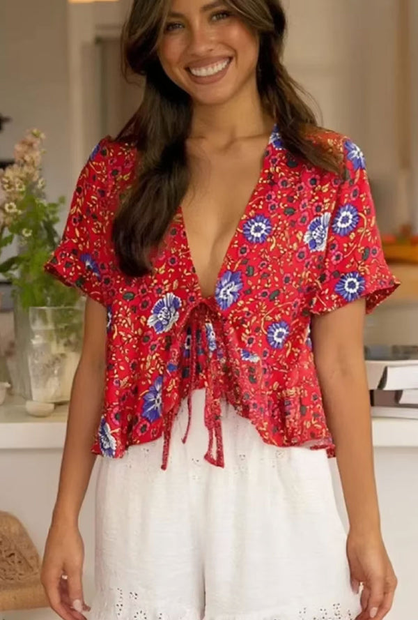 Boho Tops for Women - Bohemian Blouse - Navy, Blue and Red Floral Tie-Front Blouse