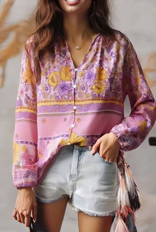 Boho Top for Women – Bohemian Blouse - Freya Blue and Pink Floral Long Sleeve Top